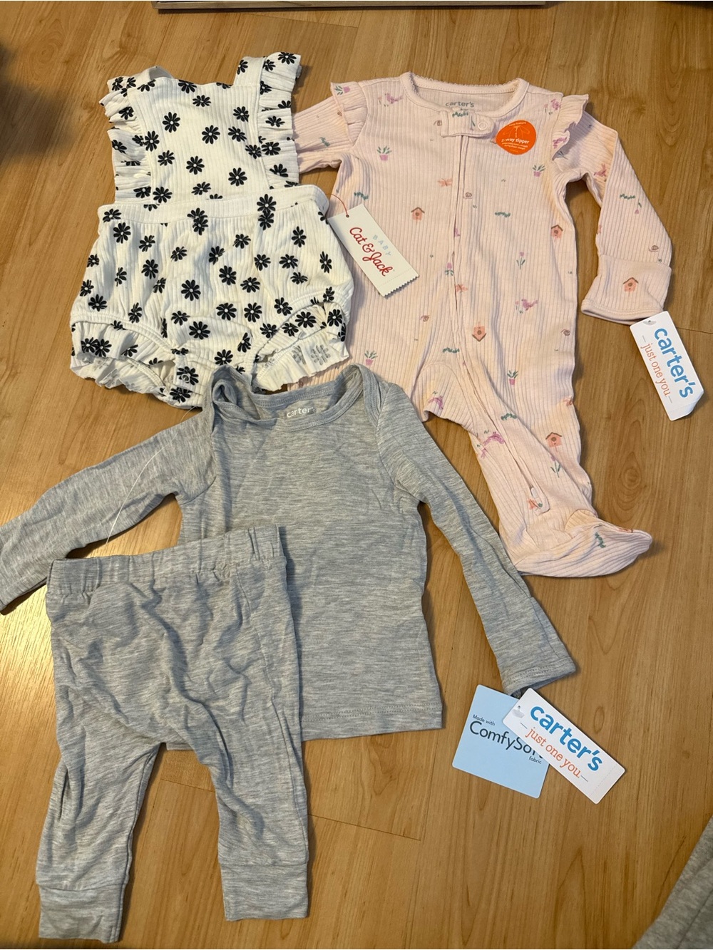 Carter's Pink Floral Onesie + Neutral Baby Set + Cat & Jack Bubble (3 outfits)